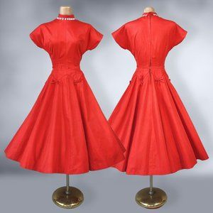 VINTAGE 50s Vibrant Red Full Sweep New Look Party Dress with Mother of Pearl VFG